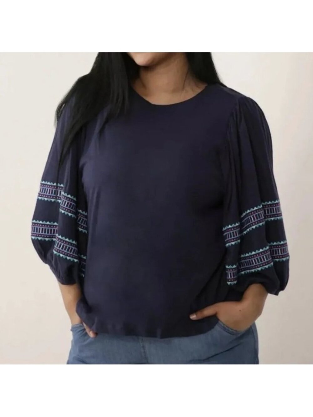NEW DG2 Diane Gilman Navy Blue Embroidered Top - XL